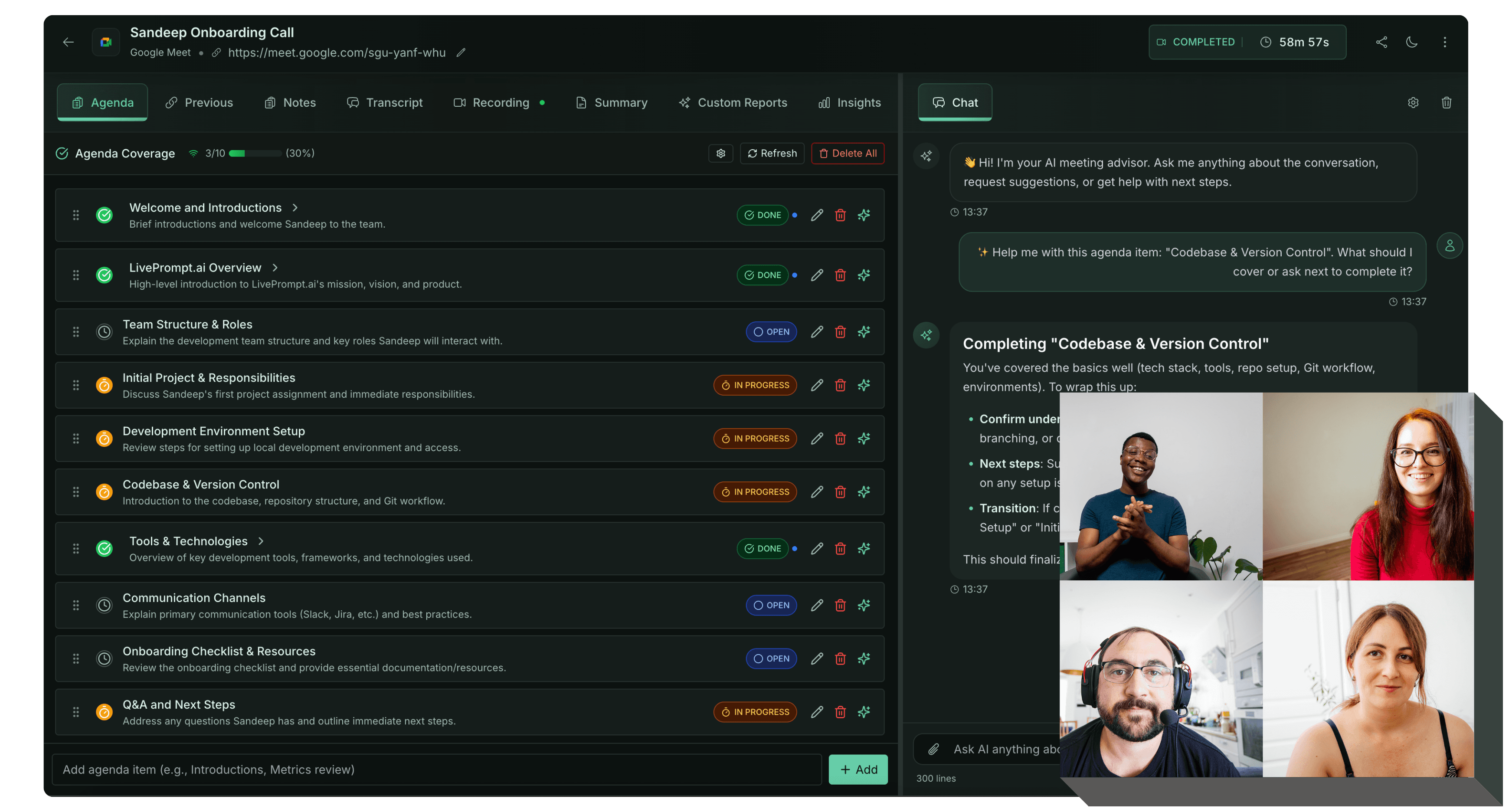 liveprompt.ai platform interface showing automated QA interview scheduling
