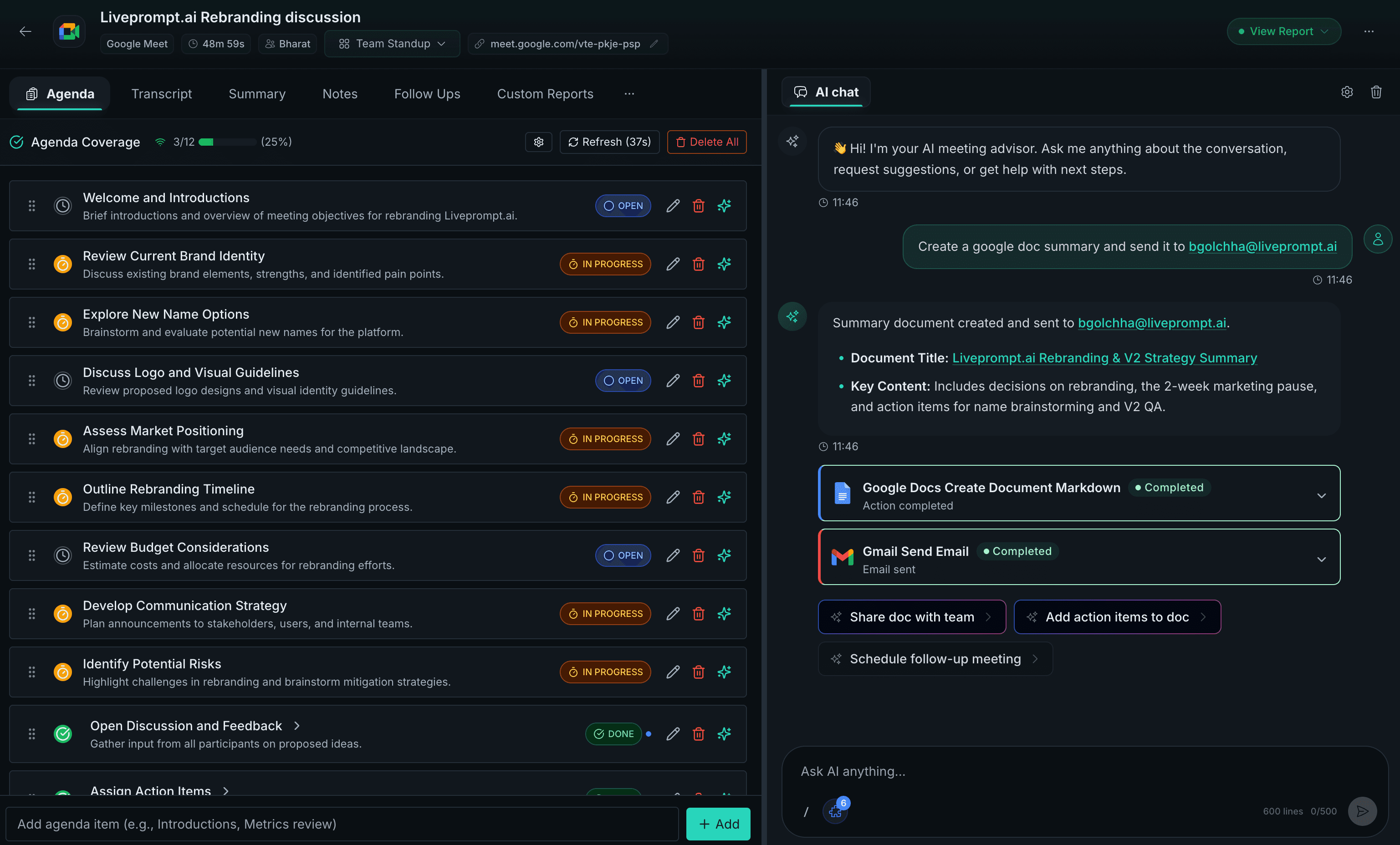 springbase.ai Dashboard - Real-time meeting intelligence
